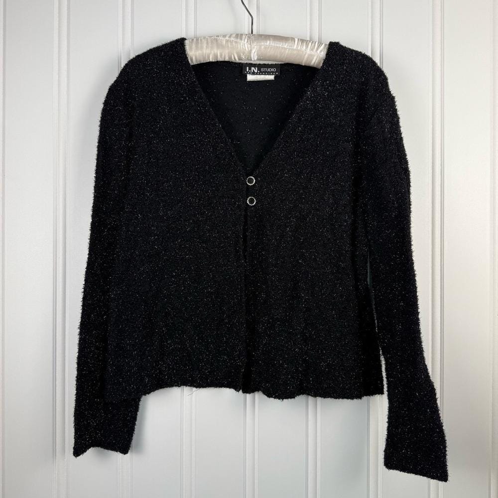 Vintage Womens Sz 14 Black Metallic Sweater Cardigan‎ I.N. Studio San Francisco - Picture 10 of 10